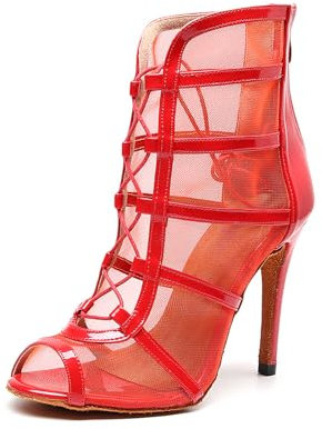 YKXLM Stivali da Ballo Latino Americano Donna con Punta Aperta con Tacco con Lacci Scarpe da Ballo Donna,8.5cm,Rosso,39EU