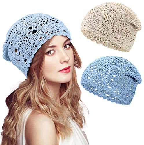 2 Stück Floral Häkeln Slouchy Beanie Mütze Handmade Knit Cutout Frauen Floral Skull Cap Stretchy Gestrickte Häkelmütze für Frauen, Beige, Blau, M/L