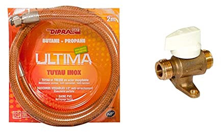 Dipra 74200 Tuyau Flexible en INOX 2,00m gaz, Orange & 13055 ROAI Vanne Gaz Naturel, Or