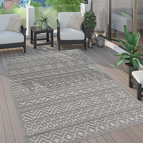 Paco Home Outdoor Teppich wetterfest & langlebig Moderne Boho-Designs mit 3D-Effekt Skandi-Look UV-beständig & robust für Balkon, Garten, Wohnzimmer & Küche, Grösse:140x200 cm, Farbe:Grau