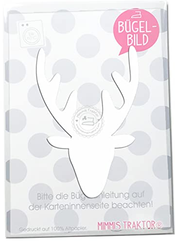 Bügelbild Hirsch Hirschgeweih Hirschkopf 11 cm Flockfolie Aufbügler Applikationen Bügelsticker für Stoffe Textilien Kinder zum Aufbügeln Flicken, Farbe:weiss