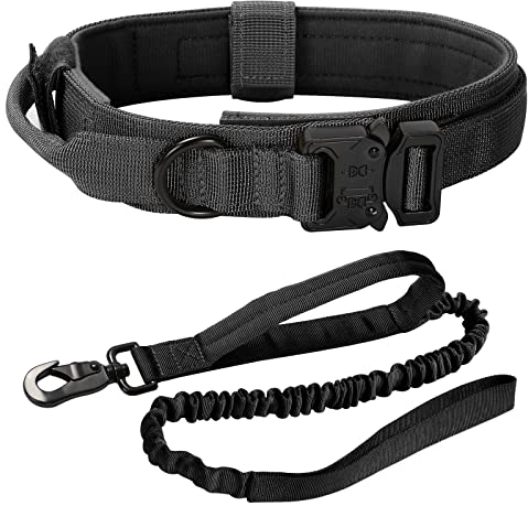 Hundehalsband Taktisch Einstellbar mit Hundeleine und Kontrollgriff, Hundehalsbänder für Mittlere Bis Große Hunde Jagd Training Freizeit Outdoor (Schwarz L)