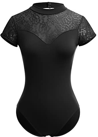 Odizli Ballettkleidung Damen Kurzarm V-Ausschnitt Spitze Rückenfrei Body Bodysuit Ballett Trikot Tanzbody Tanztrikot Turnanzug Ballerina Gymnastikanzug mit BH-Pad Schwarz #1 M