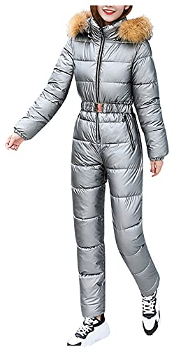 IQYU Schneeanzug Damen Einteilig Warm:Skianzug Damen Einteiler Retro Skioverall Winter Snowboardjacke Mit Fellkapuze Skisuit Einteiliger Ski Overall Hoodie Ski Anzug Mit ReißVerschluss Snowboard Set