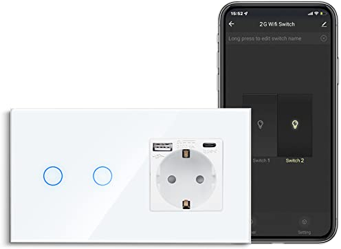 CNBINGO Smart Touch-Lichtschalter mit USB Schuko Steckdose, mit USB Anschluss und Typ C (Max. 3.1A), WLAN Lichtschalter für Alexa, Google Assistant, Schutzkontakt Wandsteckdose Unterputz, Weiß