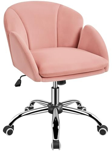 Yaheetech Sedia Ufficio Poltroncina Scrivania Cameretta in Velluto Imbottita Reclinabile a Donodolo Altezza Regolabile con Ruote Girevole Portata 136 kg Struttura in Metallo Galvanizzato Rosa Chiaro