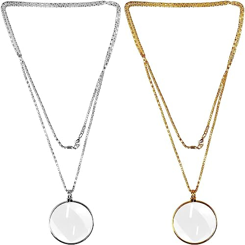 PLABBDPL Lupe, 2 Stück, optische Linsen-Halskette, 5-fache Glaslupe, Schmuck, tragbare hängende Lupe zum Lesen von Büchern, Zeitungen, Arbeit oder Reisen (Gold)