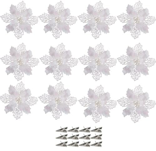 SECALIFE 12 Pcs Christmas Flowers Large (16CM) Poinsettia Christmas Glitter Flower Artificial Flowers with Clips for Christmas Tree Wreath Hanging Party Xmas DIY Decor, White