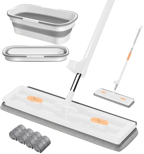 Wischmopp Set mit Eimer, Großer Flachmopp mit Auswringfunktion, 360° Drehgelenk Bodenwischer Set mit Faltbar Eimer&Mikrofaser-Wischpads, Großer Flachmop für Hartholz Laminat, Fliesen (B)