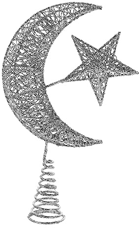 HOMSFOU Moon Christmas Tree Topper - Moon and Star Xmas decoration Interior Santa Hugger Holiday Tree Light Up Silver Star