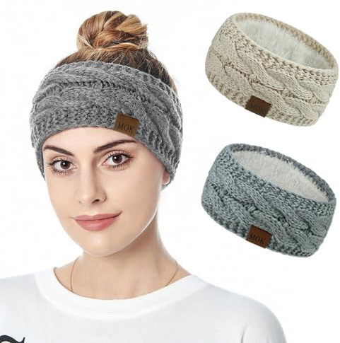 Roysmart Winter Stirnband Damen, 2 Pcs Gestrickt Warmes Stirnbänder Ohrenwärmer Kopfband Haarband, Elastische Häkelarbeit Thermo Stirnband Verdicken für Frauen Mädchen