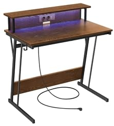 VASAGLE Schreibtisch, Gaming Tisch mit eingebauter Steckdosenleiste, Computertisch, mit Monitorständer für 2 Monitore, Schlafzimmer, 100 x 60 x 76 cm, vintagebraun LWD191K01