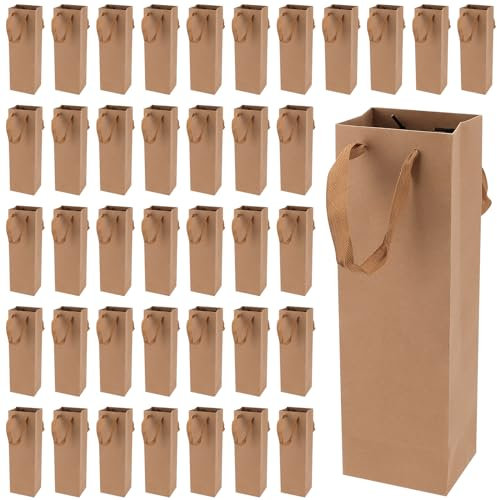 KEILEOHO 40 PCS Kraft Paper Wine Bags, 11 x 9 x 35cm Wine Bottle Gift Bags, Wine Gift Bags with Handles for Party, Festival