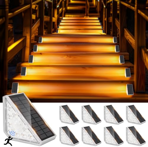 GuKKK Lampade Solari per Esterni, 8 Pezzi 3000K Lampade Solari per Scale con Sensore di Movimento, IP67 Impermeabile LED Solare Lampada da Scala, per Cortile, Patio, Prato, Gradini(Bianco Caldo)