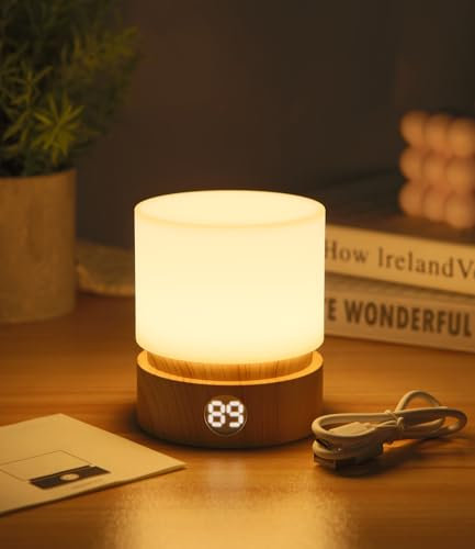 TIDEVAN Nachtlicht Lampe mit Timer, USB Aufladbar, Kinder Holzfarbe LED Nachttischlampe für Kinder und Erwachsene, für Schlafzimmer und Kinderzimmer [Energieklasse G]