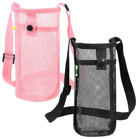 PEOVLVN 2 Pcs Water Bottle Carrier with Strap, Water Bottle Holder with Adjustable Shoulder Strap Water Bottle Sling Bag Water Bottle Sleeve for Sports Gym Hiking Camping Walking, Black+Pink
