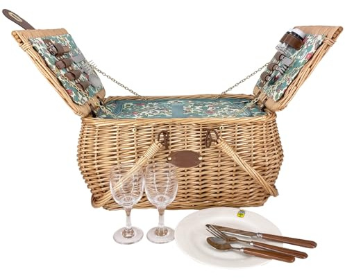 Les Jardins de la Comtesse - Picknickkorb Giverny – 2 Personen – Grün – komplett mit Kühlfach – Geschirr inklusive – Blumenmotiv – 45 x 36 x 23 cm