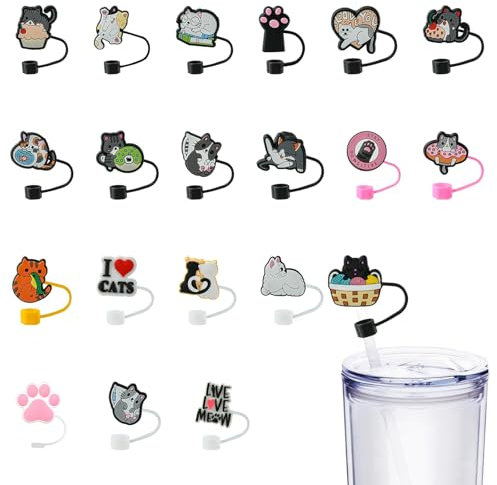 UR URLIFEHALL 20 Pcs 20 Styles Cat Straw Cover Caps Kitten Theme Straw Toppers Reusable Drinking Straw Tip Lids for Stanley Cup Drink Straws Plug