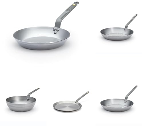 DE BUYER - Lot de 5 Poêle en tôle d'acier Mineral B - 24 et 28cm, 26 et 32cm Poêle grill, 30cm Poêle à crêpes- Fabriquées en France, Sans PFAS,Inox 18/10, Tous Feux + Four, Finition Poli Brillant
