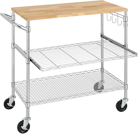 Finnhomy 3-Tier Rolling Kitchen Cart with 18 D x 36 W Oak Wood Tabletop, Kitchen Island Cart with 4 Wheels and Slider Shelf, Microwave Cart & Coffee Cart with Hooks for Dining Room, Chrome