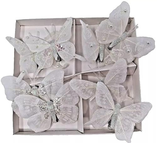 8 White Christmas Tree Decorations Clip on Butterfly Sparkle Butterflies Bauble
