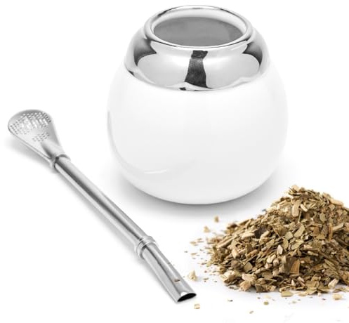 BALIBETOV Juego de taza y bombilla de cerámica de yerba mate (taza tradicional original de 6.7 onzas) | Incluye 1 bombilla (pajitas de yerba mate para usar) | Cerámica fácil de limpiar (blanco)