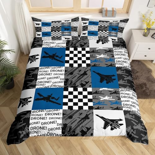Manfei Flugzeug Bettwäsche Set S Größe,Geometrische Plaid Patchwork Bettbezug Set,Militär Thema Tröster Bezug für Kinder Jungen Mädchen Teens Zimmer Dekor,Schwarz Weiß Blau Quilt Cover,1 Kissenbezug