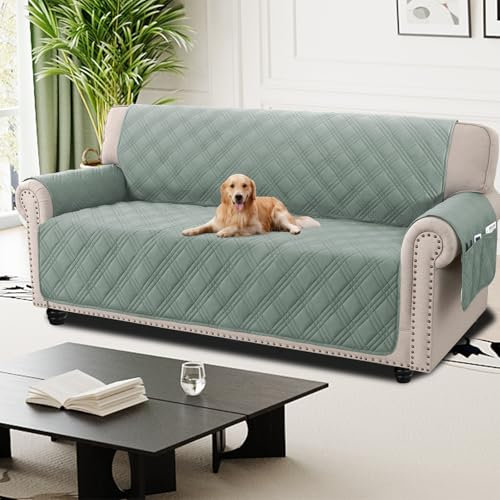 H.Versailtex Graue Sofabezüge 3-Sitzer, 100% wasserdichte Couchbezüge mit Seitentasche, rutschfeste Sofaschoner von Haustieren, waschbarer Sofaschoner mit Gummiband, Lilypad