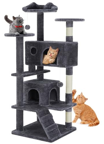 DUMOS Katzen Kratzbaum, 135 cm Katzenbaum Kletterturm, Katzenkratzbaum, Cat Tree mit Höhle, Komplett mit Sisal Umwickelt, Scratching Post, Aktivitätskratzbäume für Katzen Jeden Alters (Dunkelgrau)