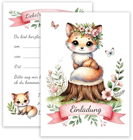 10x Kinder Einladungskarten Einladung Kindergeburtstag Fuchs Party Waldtiere Aquarell Mädchen Jungen Geburtstagsfeier zart Rosa Geburtstag Einschulung