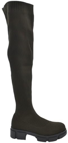 Stivali Combat in Tessuto Elastico Verde con Zeppa carrarmato 3 cm Alti al Ginocchio Gambale Morbido Aderente (36 EU)