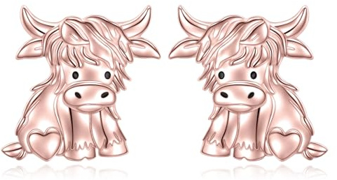 Hochland Kuh Ohrringe 925 Sterling Silber Niedliche Highland Kuh Ohrstecker Hypoallergener Tier Schmuck Geschenke für Frauen Mädchen (Roségold)