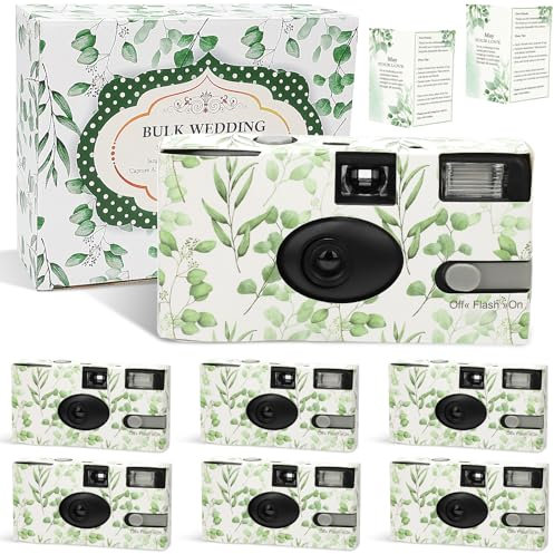 6 Pack Disposable Cameras for Wedding Bulk, Watercolor Eucalyptus Single-Use One Time Film Cameras with Flash for Bithday Baby Shower Gathering Wedding 35mm lSO 400 Color Film 17 Exposures