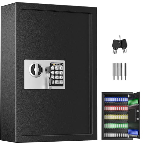 Schlüsselkasten mit Zahlencode, 73 Haken Schlüsselschrank, Schlüsseltresor | Stahl Schlüsselschrank Schwarz, 45×30×10 cm, Wandmontage, inkl. 75 farbigen Anhängern für Büro, Firma & Hausverwaltung