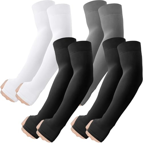 fuinloth Arm Sleeves with Thumb Hole UV Protection Compression Cooling Sleeve Cricket Gaming for Men/Women 2 Black+White+Dark Grey