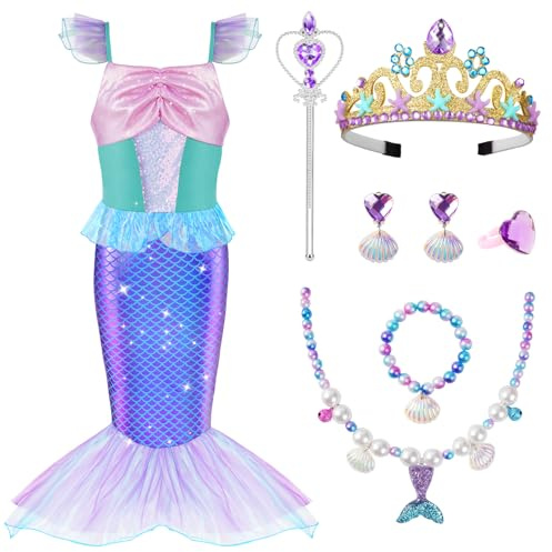 AOOWU Meerjungfrau Kostüm Mädchen, 7-Teiliges Set Meerjungfrau Kleid Mädchen mit Krone, Zepter, Halskette, Armband,Ohrringe,Ring， Kostüm Kinder für Karneval Party Halloween Weihnachten Cosplay (130Cm)