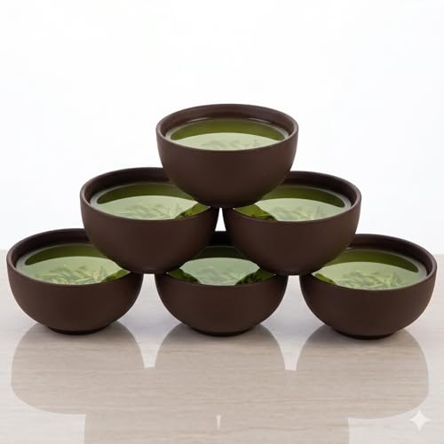 JOINPAYA Ceramic Kung Fu Tea Cups Set of 6, Large Straight-Sided Tasting Bowls for Chinese Gongfu Tea, Traditional Zisha Style Stoneware Teacups for Home Office Ceremony, Dark Brown Finish