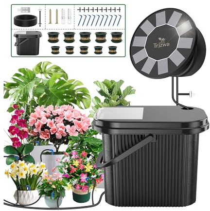 TRJZWA Sistema di Irrigazione Solare con Serbatoio Integrato per Piante | Kit con Timer Programmabile, Serbatoio Esterno e 5 Fioriere Grandi + 5 Piccole Incluse per Balcone e Piante in Vaso, Balcone