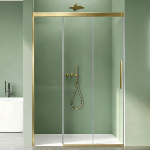 Mai & Mai Paroi de Douche en Niche Porte de Douche Transparent Doré 90cm | Pare Douche avec Porte Coulissante, Verre ESG 8mm, Revêtement NANO, Easy Clean, Montage Réversible, 90x195cm, T70K