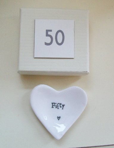 East of India Porzellanschale, Herzform, mit Aufschrift „Fifty 50. Geburtstag, Weiß