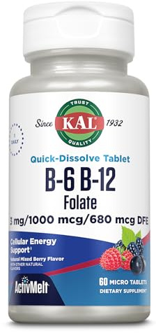 KAL Vitamin B-6, B-12 & Folic Acid Supplement, Heart Health, Energy & Red Blood Cell Support*, with Vitamin B12 Methylcobalamin & Folate, Natural Berry Flavor, 60 Servings, 60 ActivMelt Micro Tablets