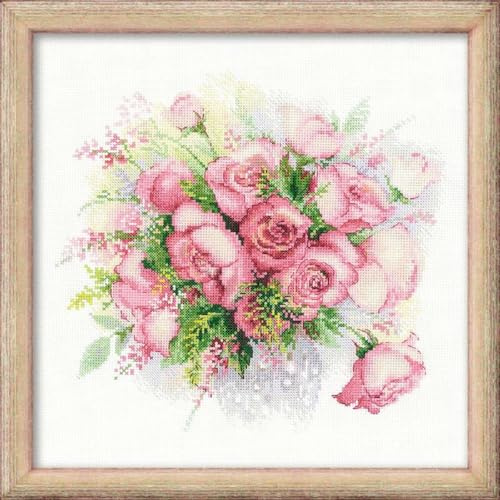 Riolis Stickbild-Set, Motiv Rosen in Wasserfarben, Kreuzstich, Zählmuster | Floral design, 14 ct white Zweigart Aida, 22 Anchor cotton colors, intermediate level, chart & needle included