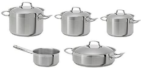 Teka - Batería de Cocina, de 9 Piezas de Acero Inoxidable Apto para Todo Tipo de Placas, Base de 3 Capas de 0,63 cm de Espesor, Cazuelas, Cazo y Tapas de Distintas Capacidades, Color Acero Inoxidable