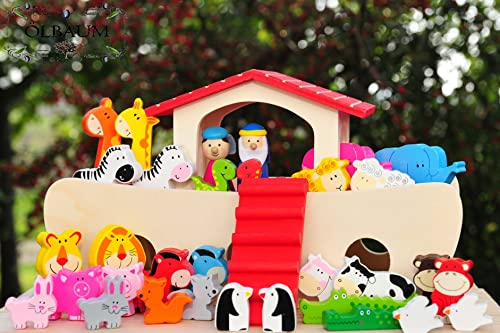 Arche Noah + Tiere + Figuren, MIT Boot, NEU MIT BELEUCHTUNG Kinderkrippe 40tlg. Set Weihnachtskrippen-Zubehör, für Kinder Weihnachtskrippen aus Holz Spielkrippe Krippenspiel KKiArNo-SET komplett mit Batteriebox+Batterien + EIN/AUS-SCHALTER + Lämpchen
