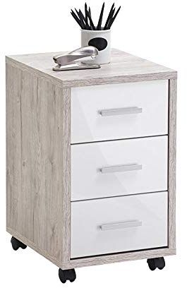 FMD furniture Rollcontainer, Spanplatte, Sandeiche/Hochglanz-Weiß, ca. 35 x 53,6 x 42 cm
