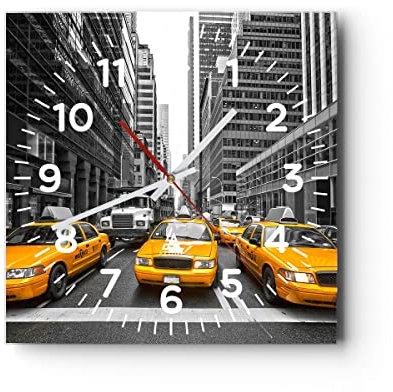 Modern Wanduhr Taxi Stadt Straße Transport 40x40cm Quadrat Groß Wand Uhr Glas Analog Zimmeruhren Küche Büro Wohnzimmer Glasuhr Wall Clock Dekoration Design Wanddekoration Küchenuhr C4AC40x40-2695