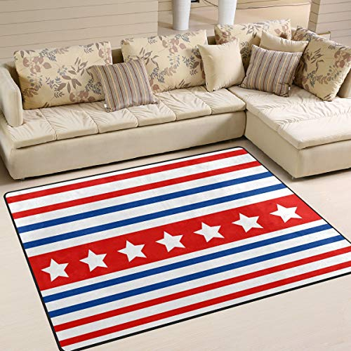 Teppich mit großen Flächen, 160 x 122 cm, Stern, Weiß / Rot gestreift, modernes Wohnzimmer, Schlafzimmer, weicher Teppich
