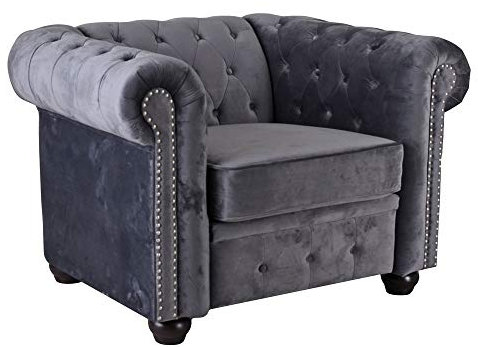 Chesterfield Sessel Samt Grau Clubsessel Herrenclub Armlehnsessel gepolstert Lehnenfläche mit Knöpfen Antik fha073 Palazzo Exklusiv