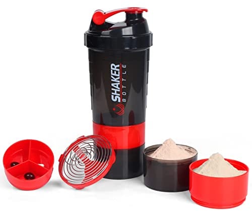 VECH Protein Shaker Bottle,GYM Shaker Cup for Protein Shakes, 16oz Shake Bottle with Ball and Storage Compartment,Leak-Proof,BPA Free (Red)