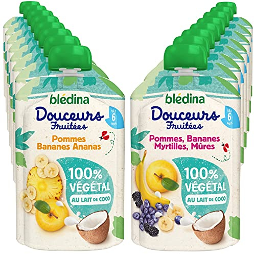 Blédina Gourdes Douceurs Fruitées 100% Végétal, Lot de 4 packs contenant chacun 2 Pommes Bananes Ananas / 2 Pommes Bananes Myrtilles Mûre (Lot de 16 gourdes)